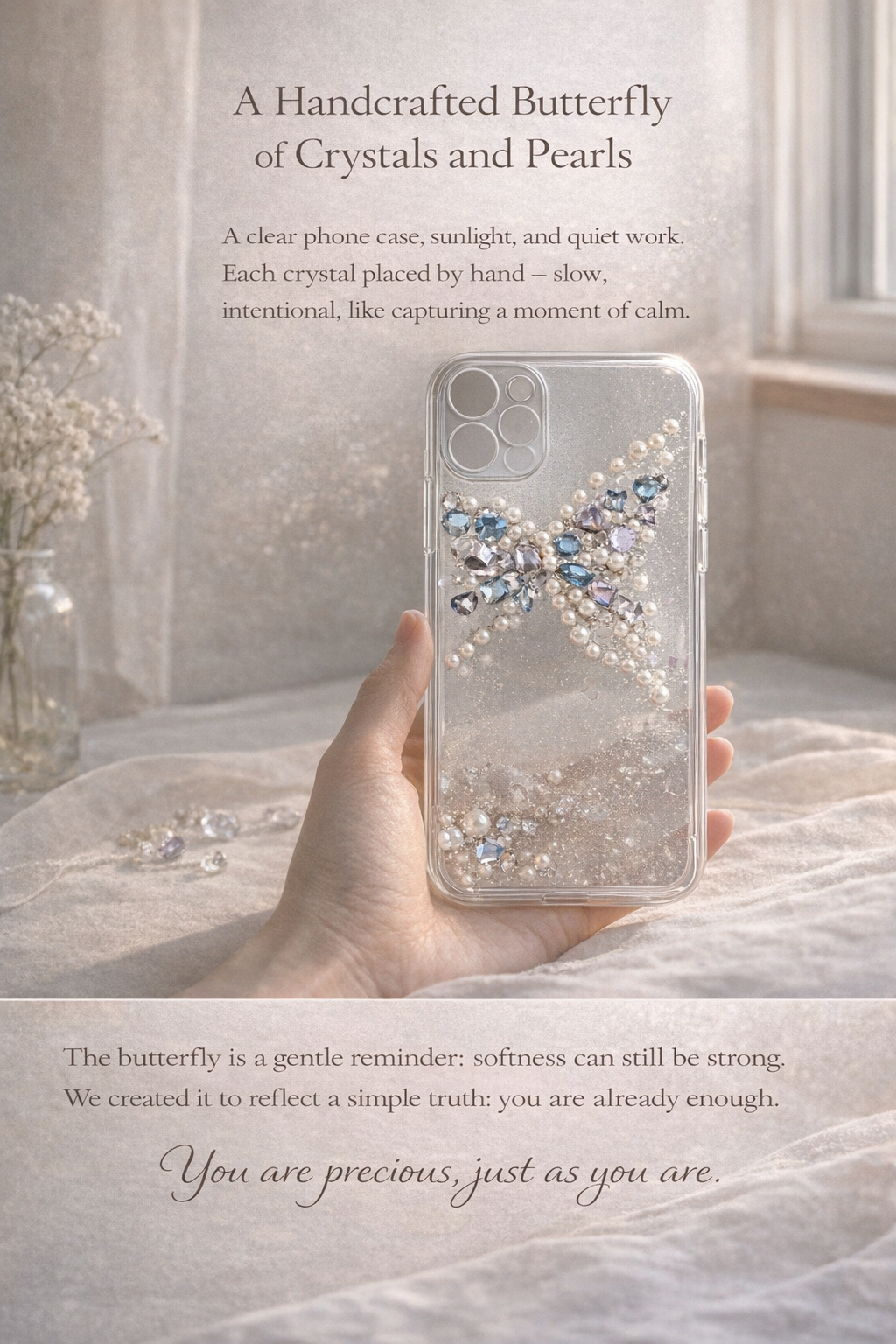 Handmade Butterfly Crystal Phone Case | Pearl & Gem Embellished Clear Case
