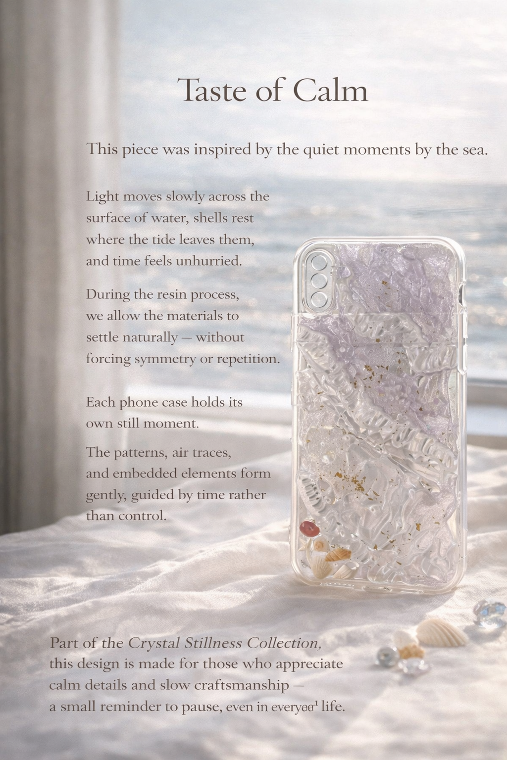 Handmade Resin Phone Case with Seashell Details | Crystal Stillness Collection