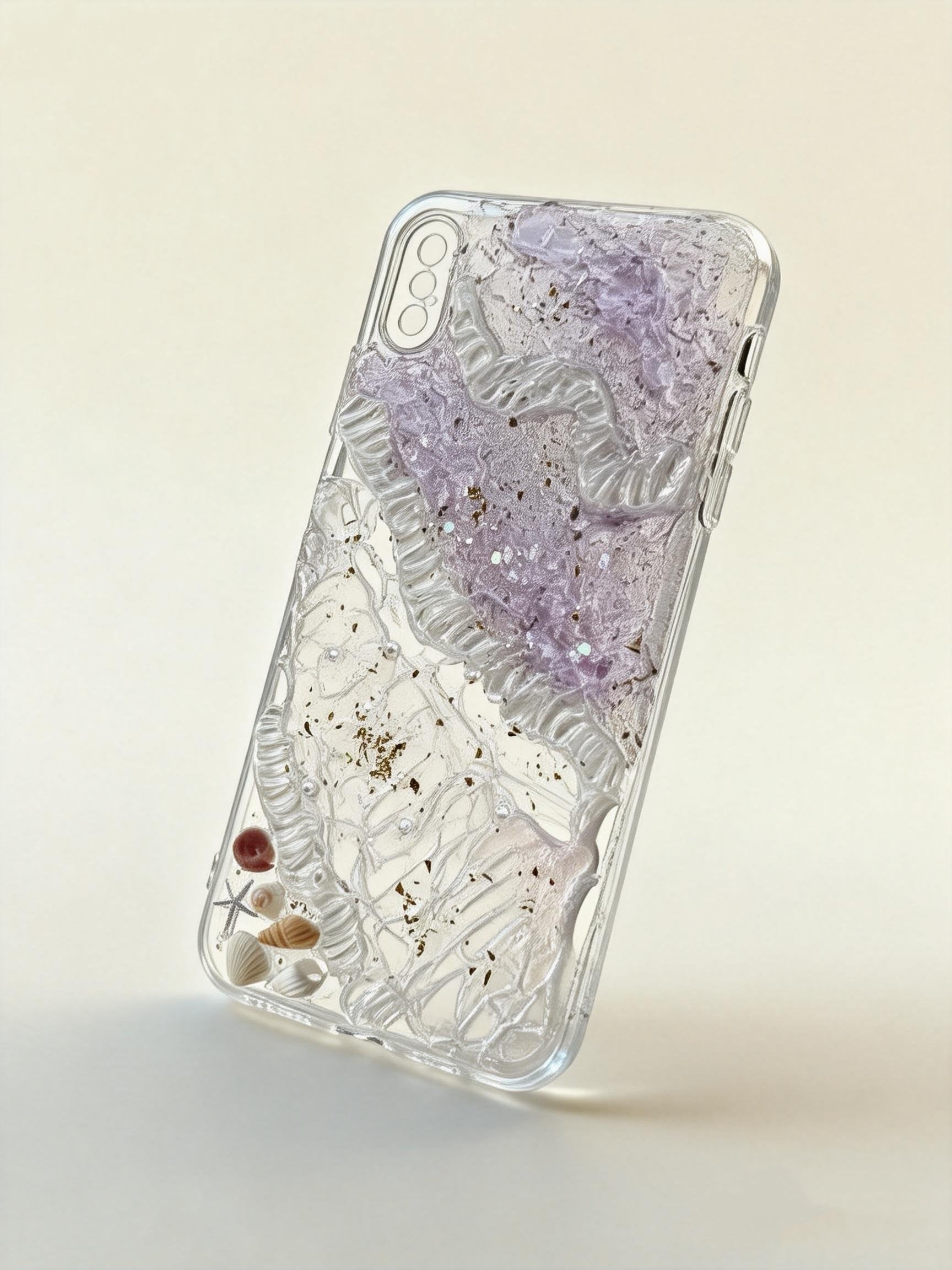 Handmade Resin Phone Case with Seashell Details | Crystal Stillness Collection