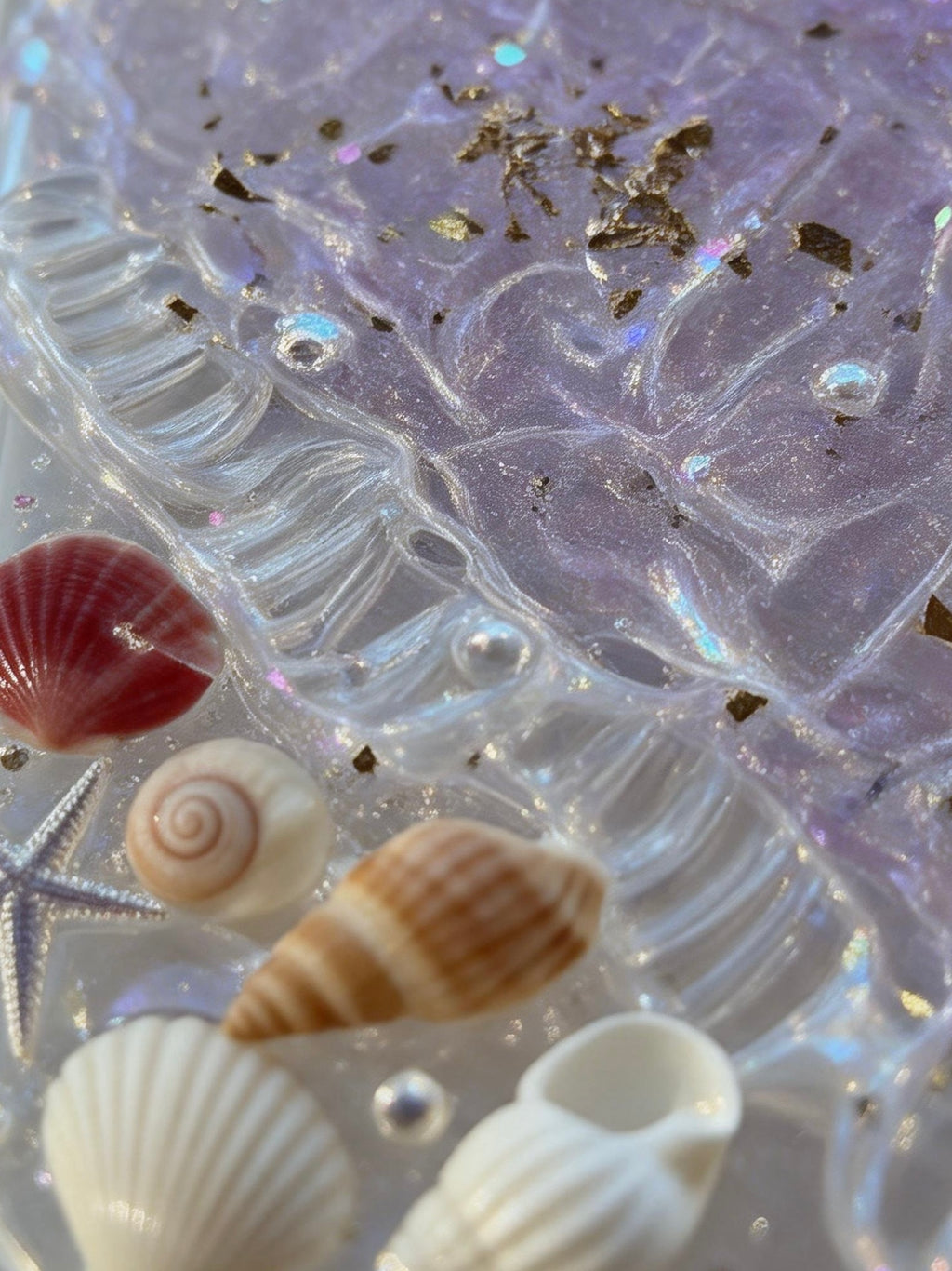 Handmade Resin Phone Case with Seashell Details | Crystal Stillness Collection