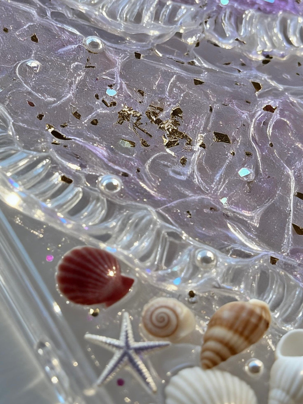 Handmade Resin Phone Case with Seashell Details | Crystal Stillness Collection